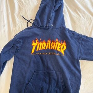 Thrasher Navy Hoodie with Yellow-Orange Flame Logo